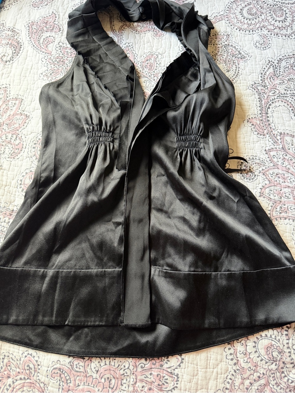 BCBG Maxazria Halter Top Silk Black Ruffle Y2K Babydoll